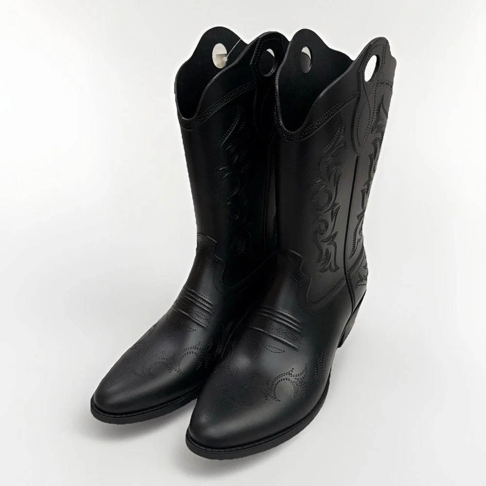 Womans Cowboy Rubber Rain Boots Sz 10 Black Pull On Water Resistant Southwestern